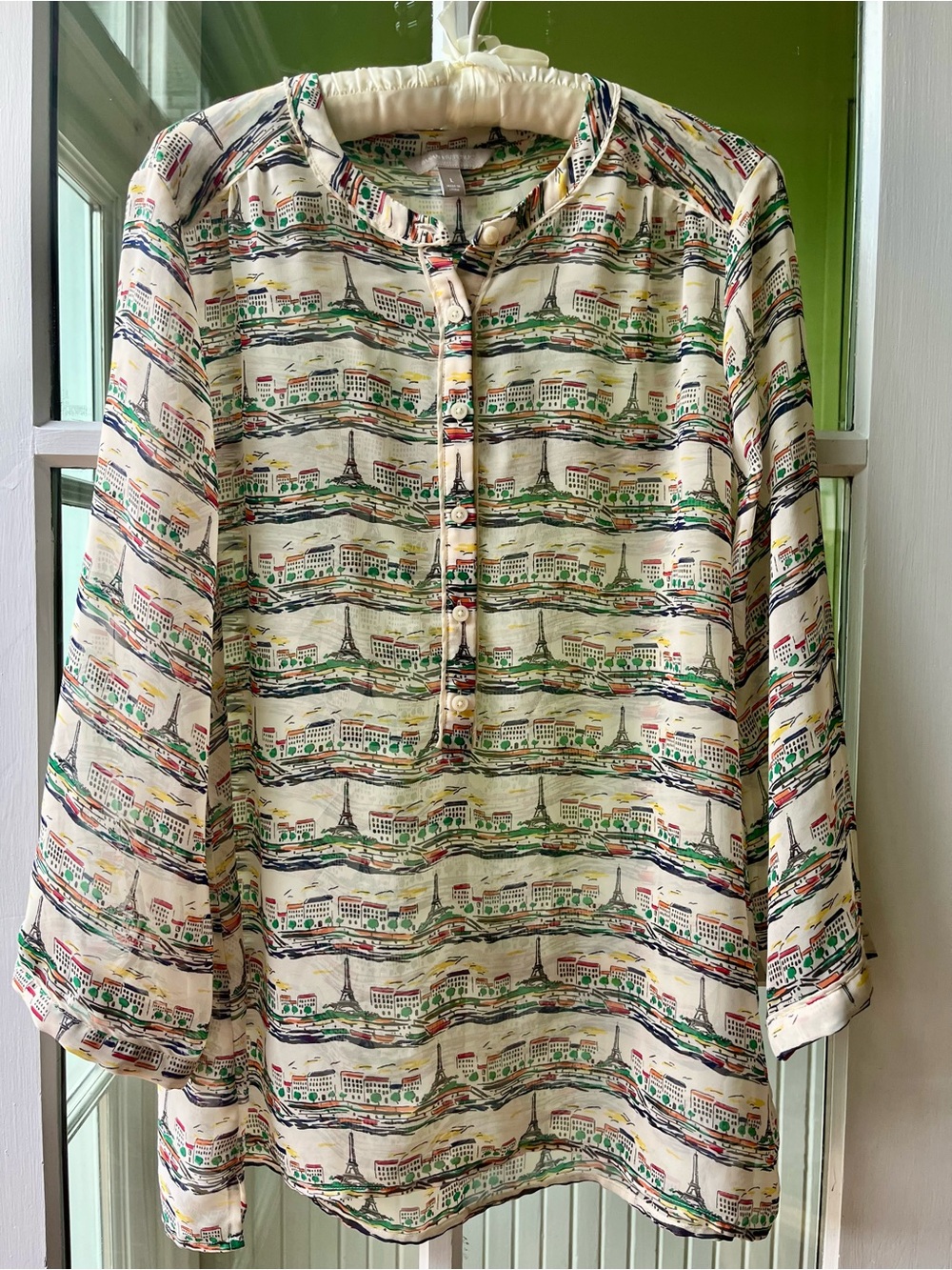 Banana Republic Paris Blouse in Cream, Button-Front, Round Collar, Eiffel Tower